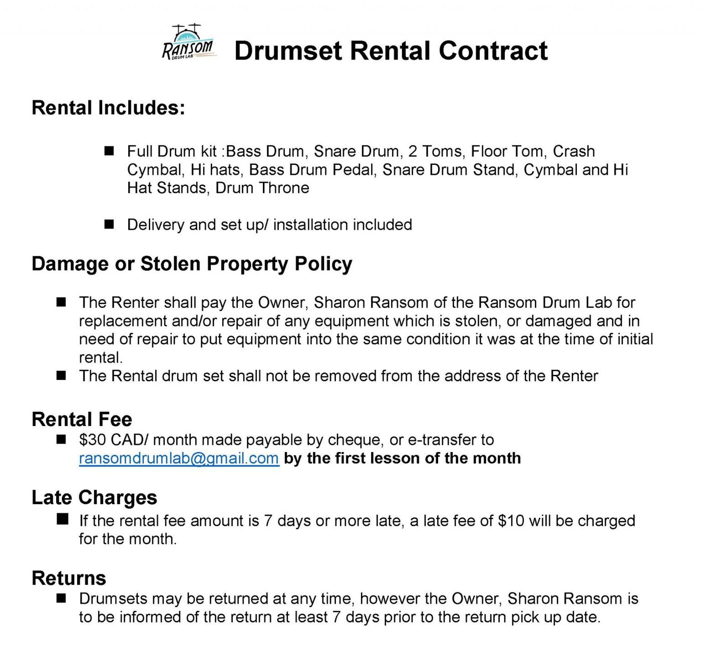 Ransom Drum Lab drumset rental contract